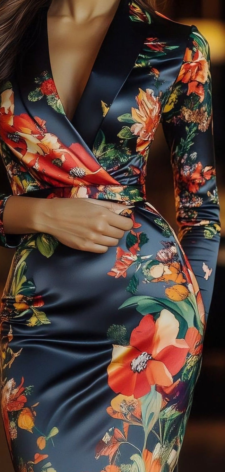 Elegante Abito Maxi in Satin con Stampa Floreale e Spacco Laterale