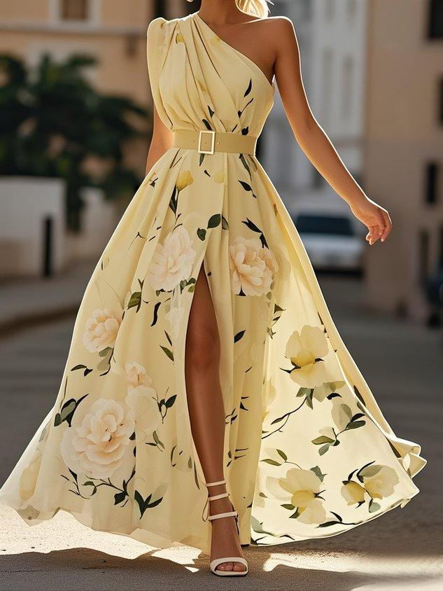Abito Maxi Chiffon Verde Chiaro a Fiori con Rouches a Spalla Unica