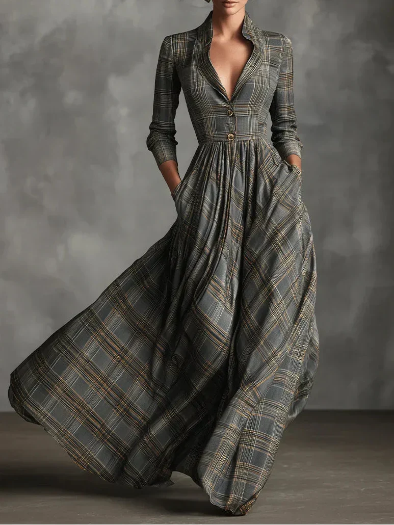 Elise | Elegante Maxikleid con motivo a quadri e scollatura a V