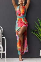 Abito Maxy Senza Maniche con Scollatura a V e Nodo Posteriore con Stampa Floreale