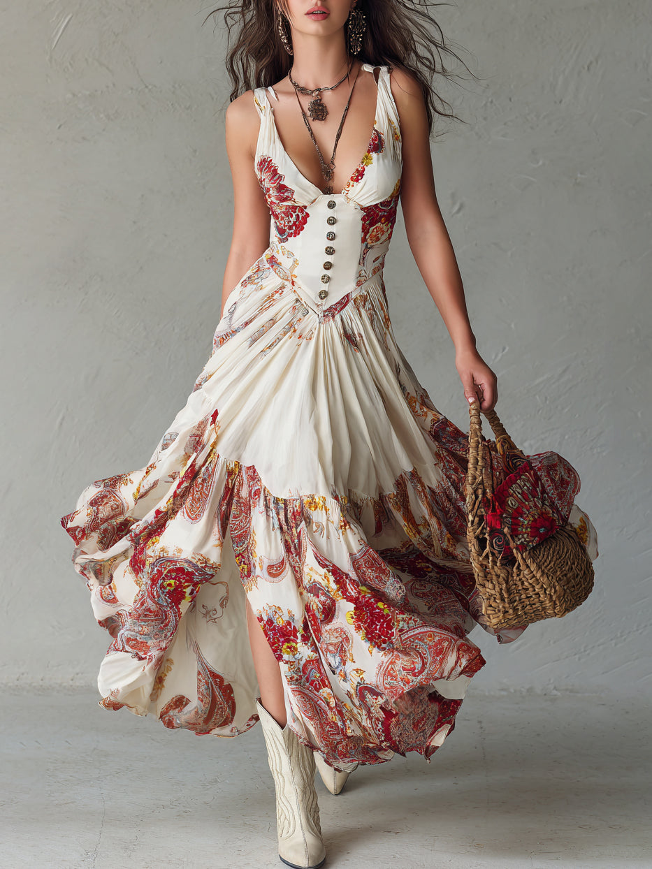 Vestito maxi senza maniche bianco con scollo a V e stampa paisley