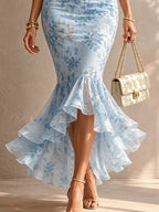 Abito Midi Sirena Romantico Blu con Pizzo
