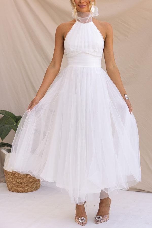 Abito Maxi Halter in Tulle con Dettagli Arricciati