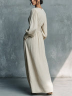 Serena | Vestito lungo in lino beige con maniche a lanterna