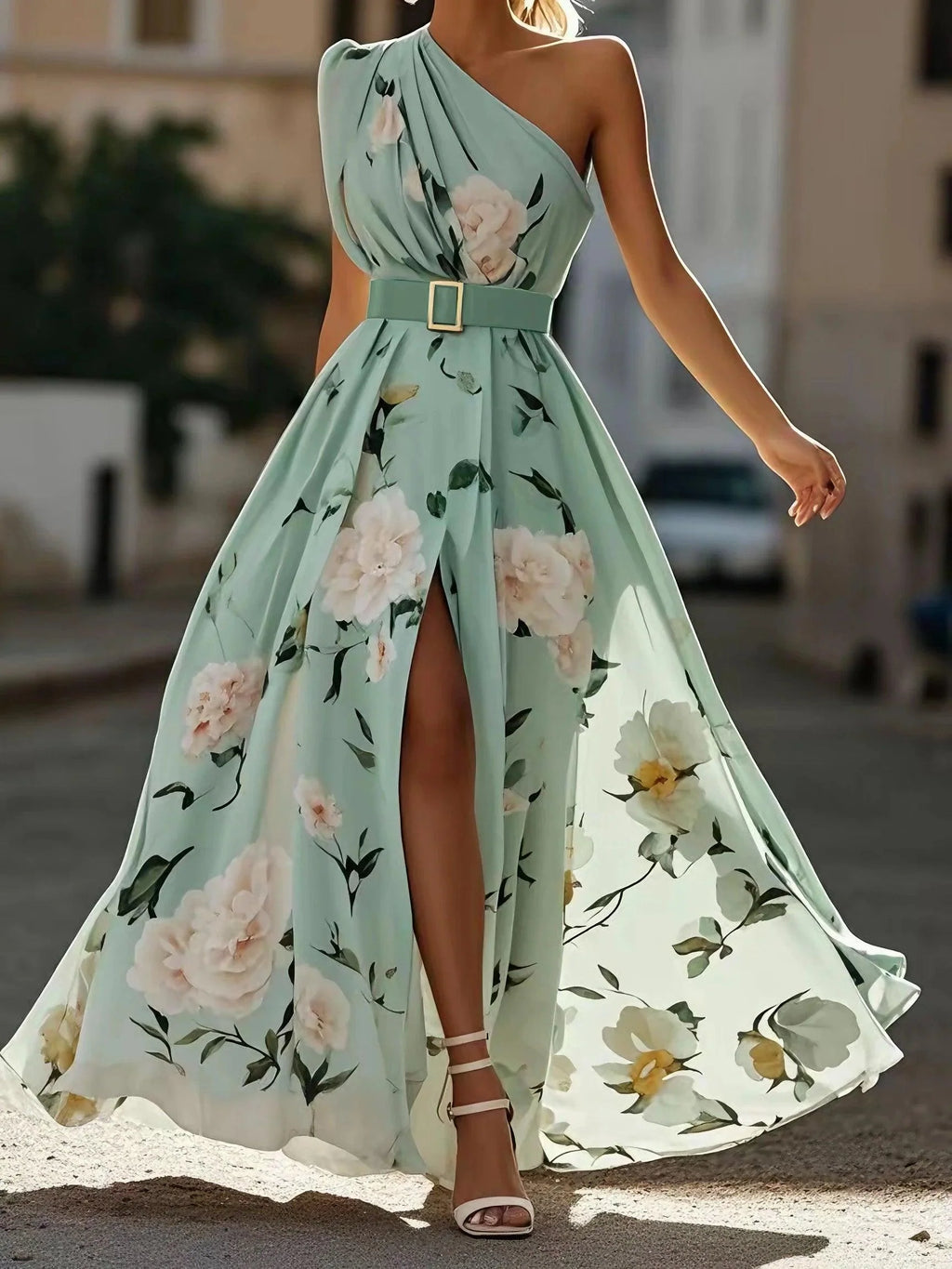 Abito Maxi Chiffon Verde Chiaro a Fiori con Rouches a Spalla Unica