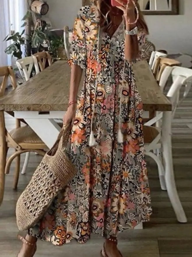 Abito Lungo Stampato V-neck Casual Loose