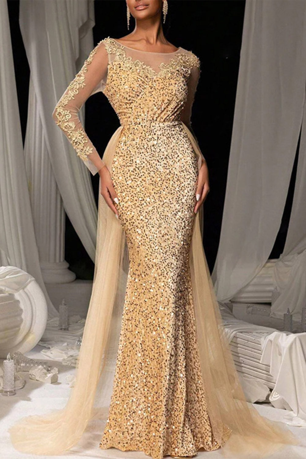 Abito da Sera Maxi in Tulle con Paillettes e Pizzo Marrone Scuro