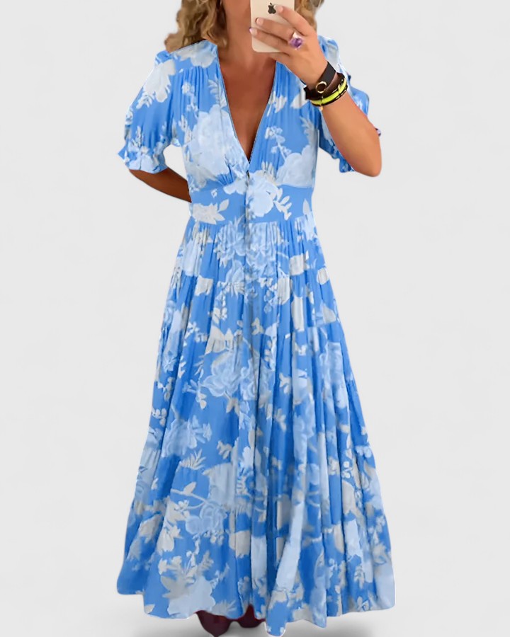 Minelda | Abito Elegante con Scollatura a V e Fantasia Floreale