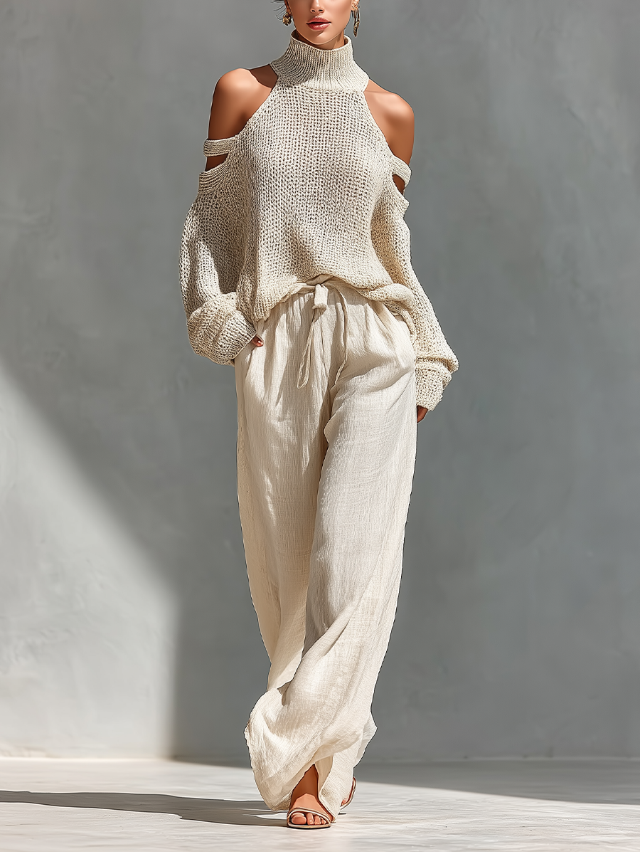 Concetta | Set Collo Alto e Gamba Larga in Maglia Beige