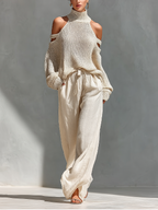 Concetta | Set Collo Alto e Gamba Larga in Maglia Beige