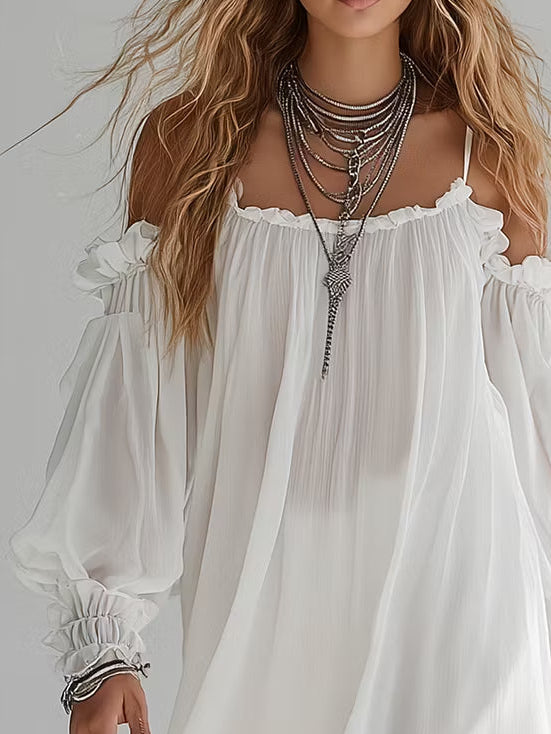 Abito Mini Fluttuante in Stile Bohemien Senza Spalline