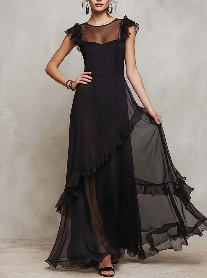Abito Maxi in Chiffon Nero a Strati con Rouches
