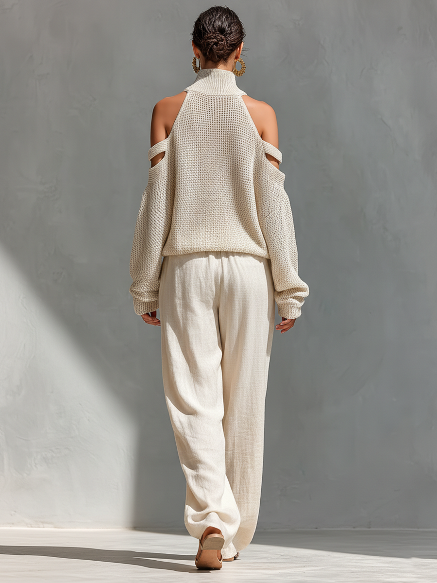 Concetta | Set Collo Alto e Gamba Larga in Maglia Beige