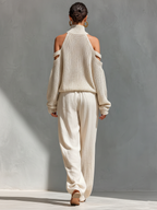 Concetta | Set Collo Alto e Gamba Larga in Maglia Beige