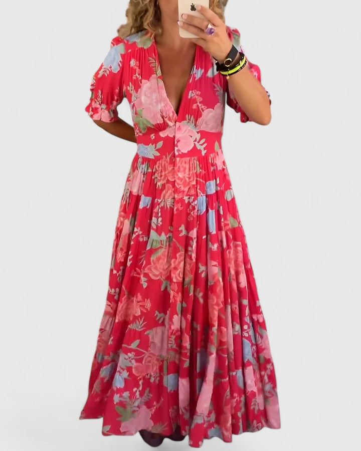 Minelda | Abito Elegante con Scollatura a V e Fantasia Floreale