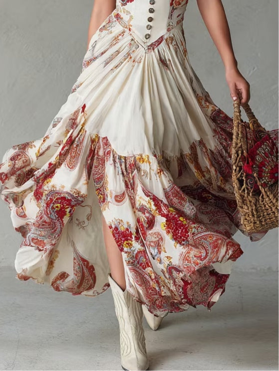 Vestito maxi senza maniche bianco con scollo a V e stampa paisley