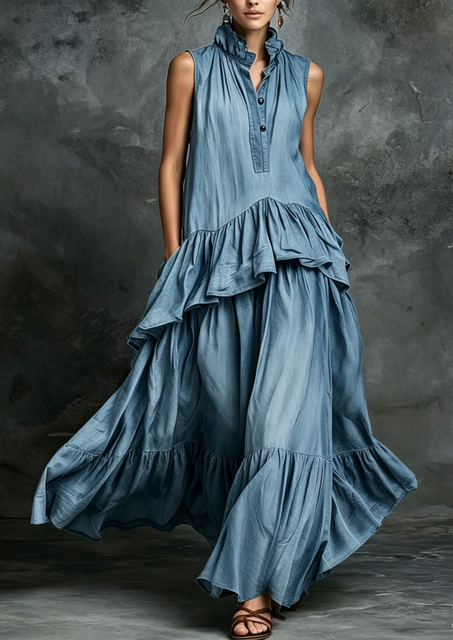 Abito Maxi Vintage da Donna con Collo Ruffle a Doppio Strato