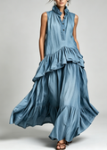 Abito Maxi Vintage da Donna con Collo Ruffle a Doppio Strato