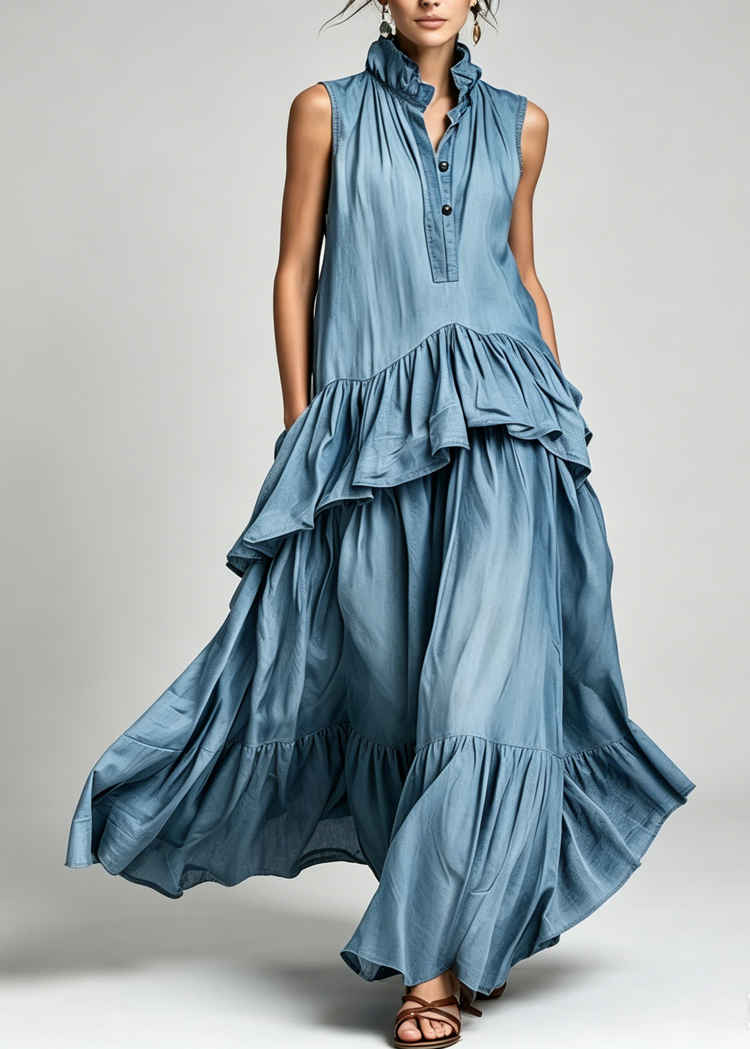 Abito Maxi Vintage da Donna con Collo Ruffle a Doppio Strato
