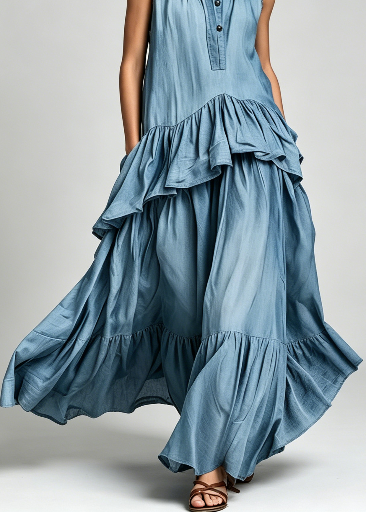 Abito Maxi Vintage da Donna con Collo Ruffle a Doppio Strato