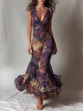 Abito Maxi A Sirena Vintage Floreale Viola con Rouches e Maniche a Cappuccio