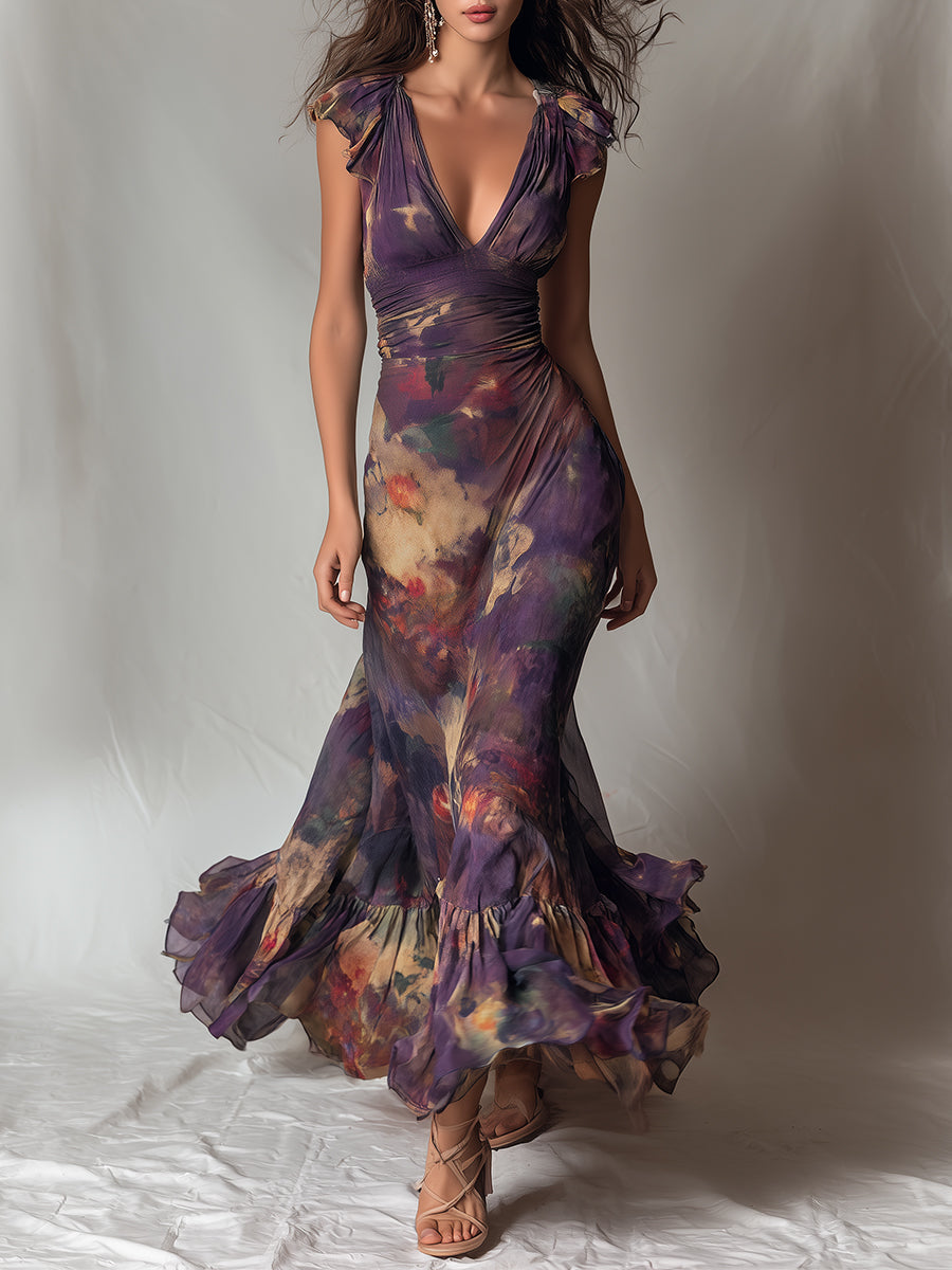 Abito Maxi A Sirena Vintage Floreale Viola con Rouches e Maniche a Cappuccio