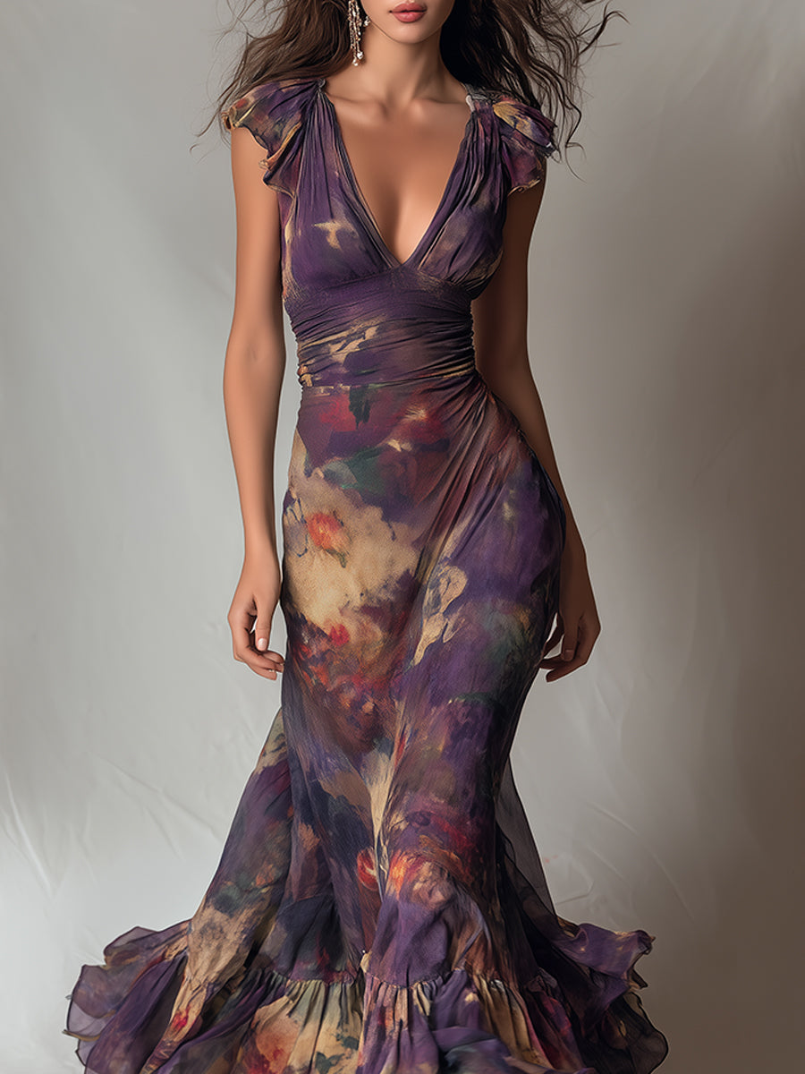 Abito Maxi A Sirena Vintage Floreale Viola con Rouches e Maniche a Cappuccio