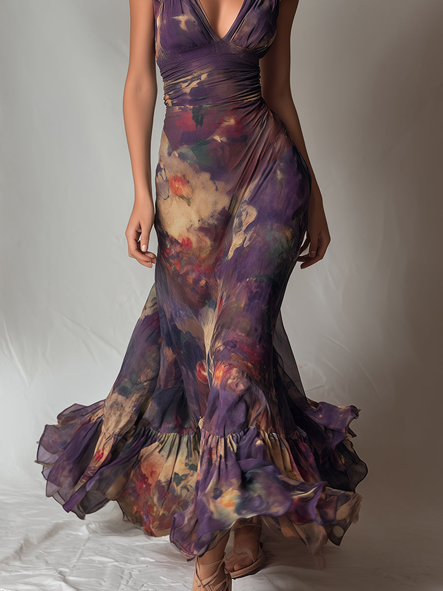 Abito Maxi A Sirena Vintage Floreale Viola con Rouches e Maniche a Cappuccio