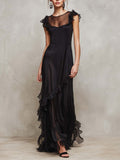 Abito Maxi in Chiffon Nero a Strati con Rouches