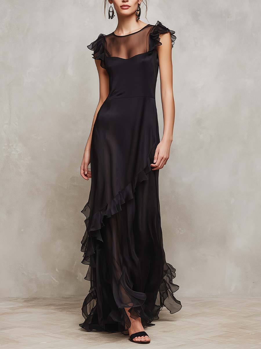 Abito Maxi in Chiffon Nero a Strati con Rouches