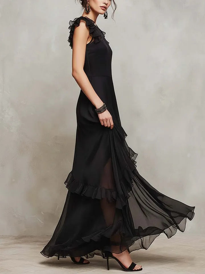 Abito Maxi in Chiffon Nero a Strati con Rouches