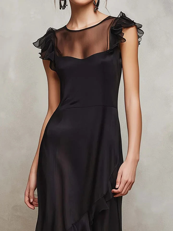 Abito Maxi in Chiffon Nero a Strati con Rouches