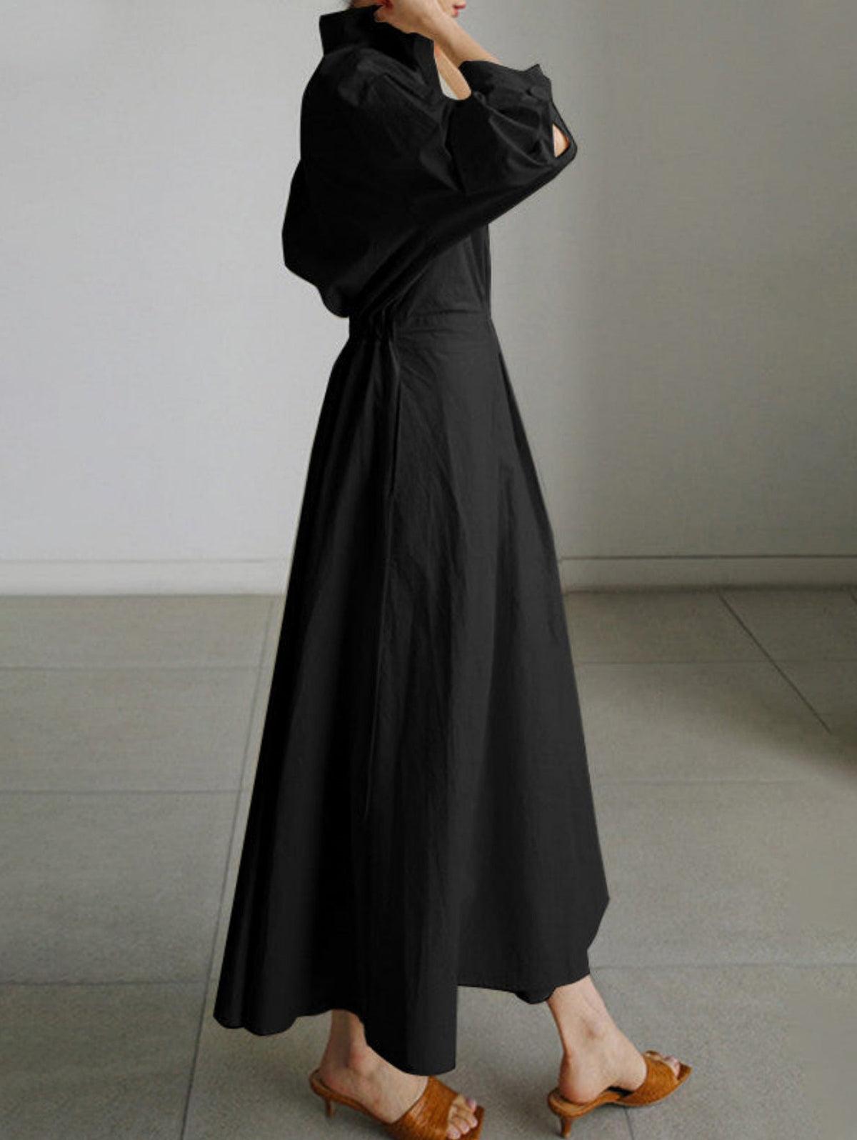 Abito Midi Elegante con Colletto a Revers e Bottoni