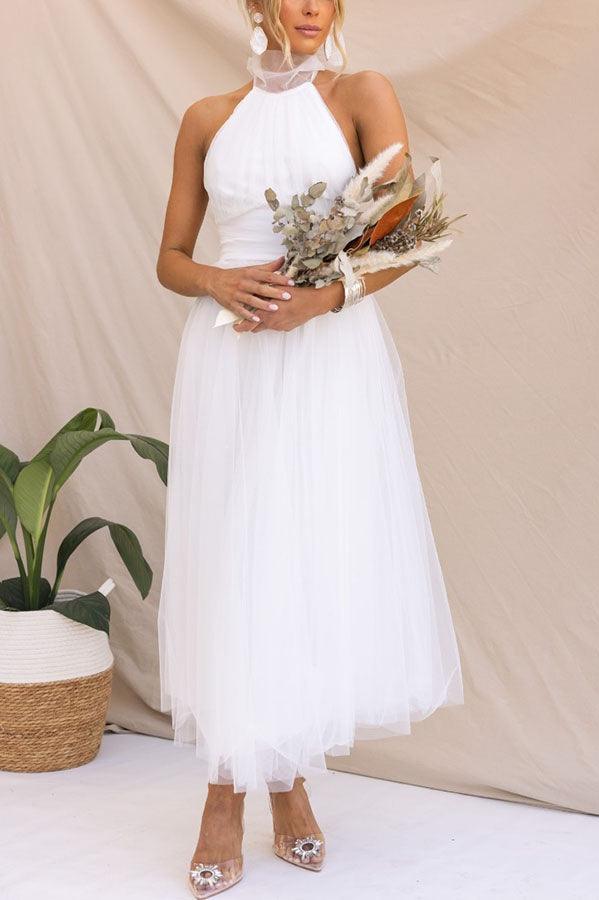 Abito Maxi Halter in Tulle con Dettagli Arricciati