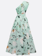 Abito Maxi Chiffon Verde Chiaro a Fiori con Rouches a Spalla Unica