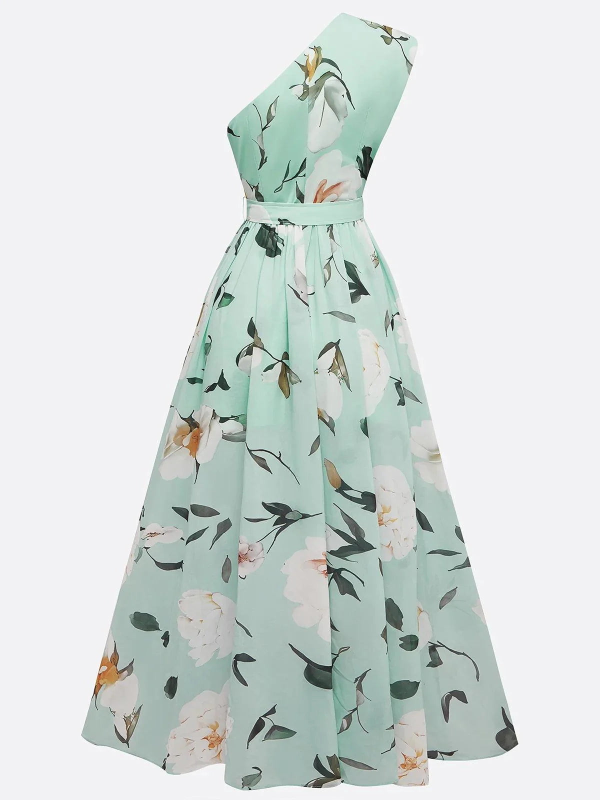 Abito Maxi Chiffon Verde Chiaro a Fiori con Rouches a Spalla Unica