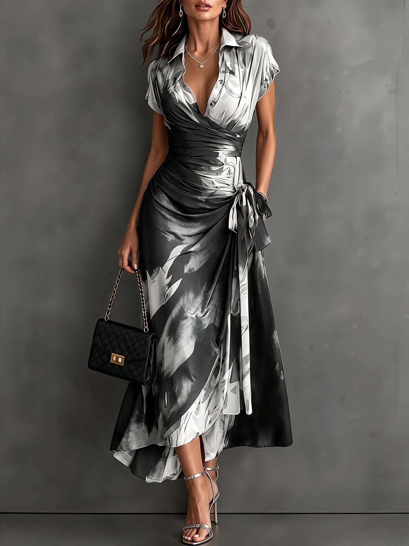 Rosanna | Vestito midi incrociato con stampa astratta, scollo a V, manica corta, cintura e orlo asimmetrico con volant.