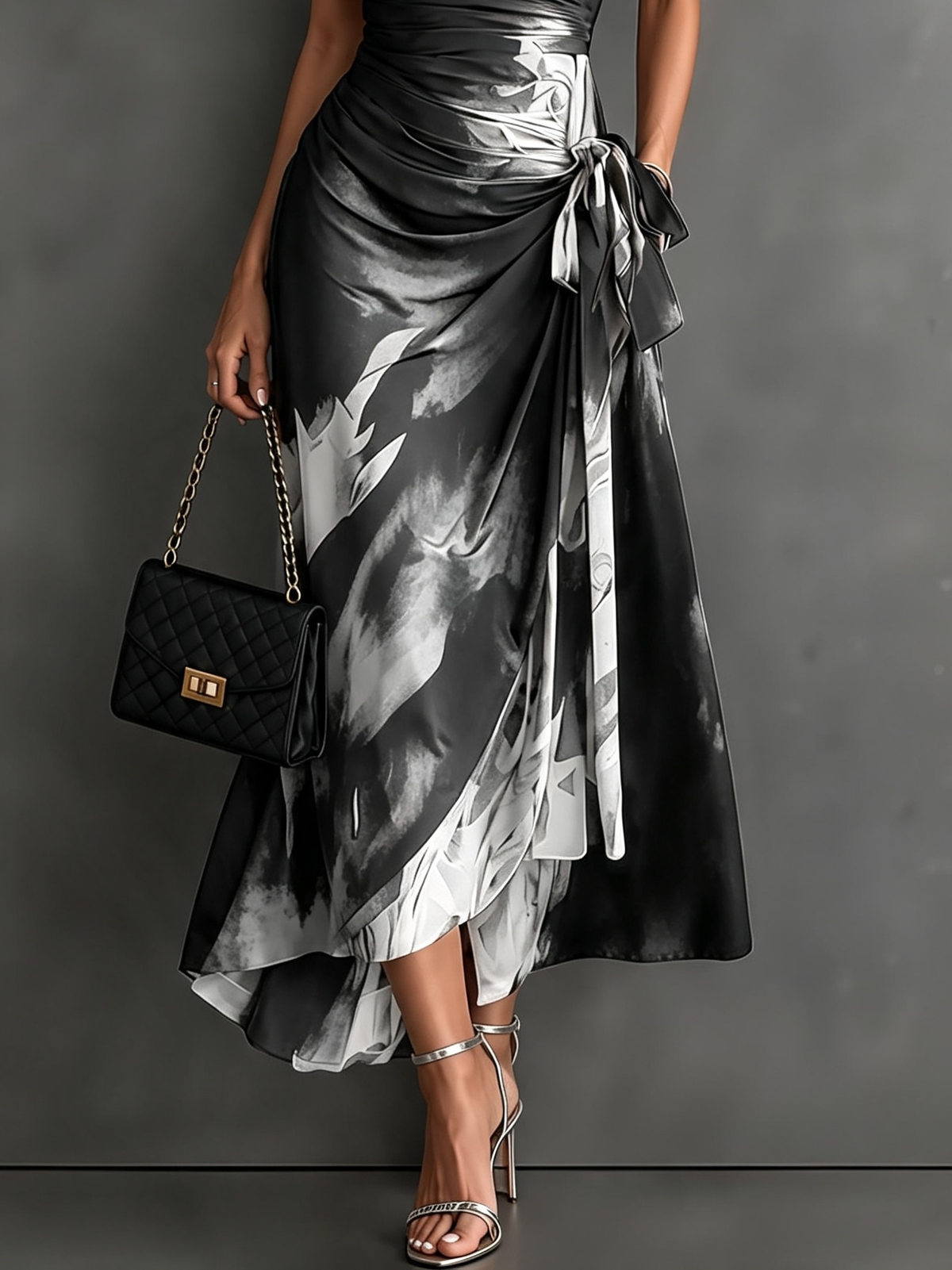 Rosanna | Vestito midi incrociato con stampa astratta, scollo a V, manica corta, cintura e orlo asimmetrico con volant.