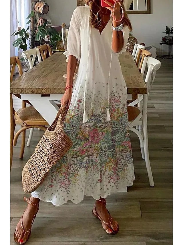 Abito Lungo Stampato V-neck Casual Loose