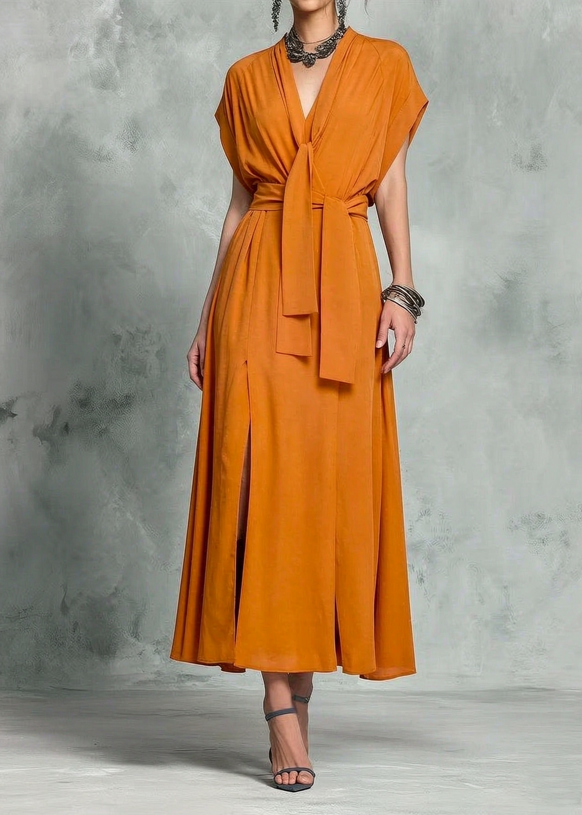 Abito Maxi Elegante Arancione con Scollatura a V e Cintura