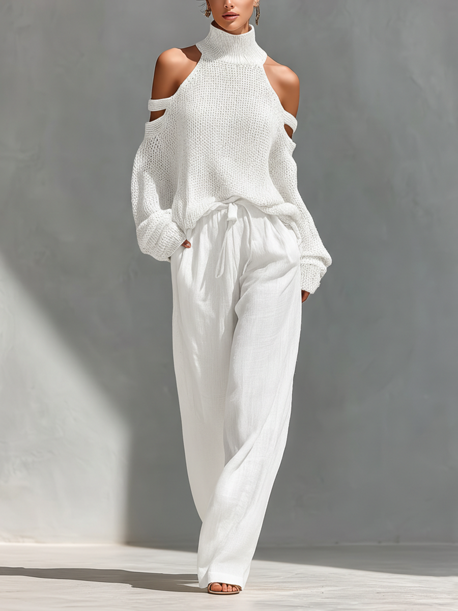 Concetta | Set Collo Alto e Gamba Larga in Maglia Beige