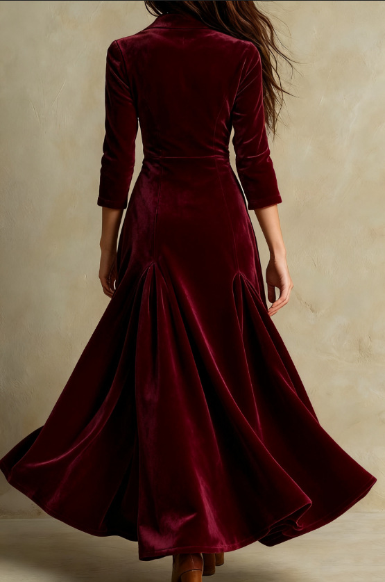 Abito lungo in velluto marrone elegante stile retro con colletto
