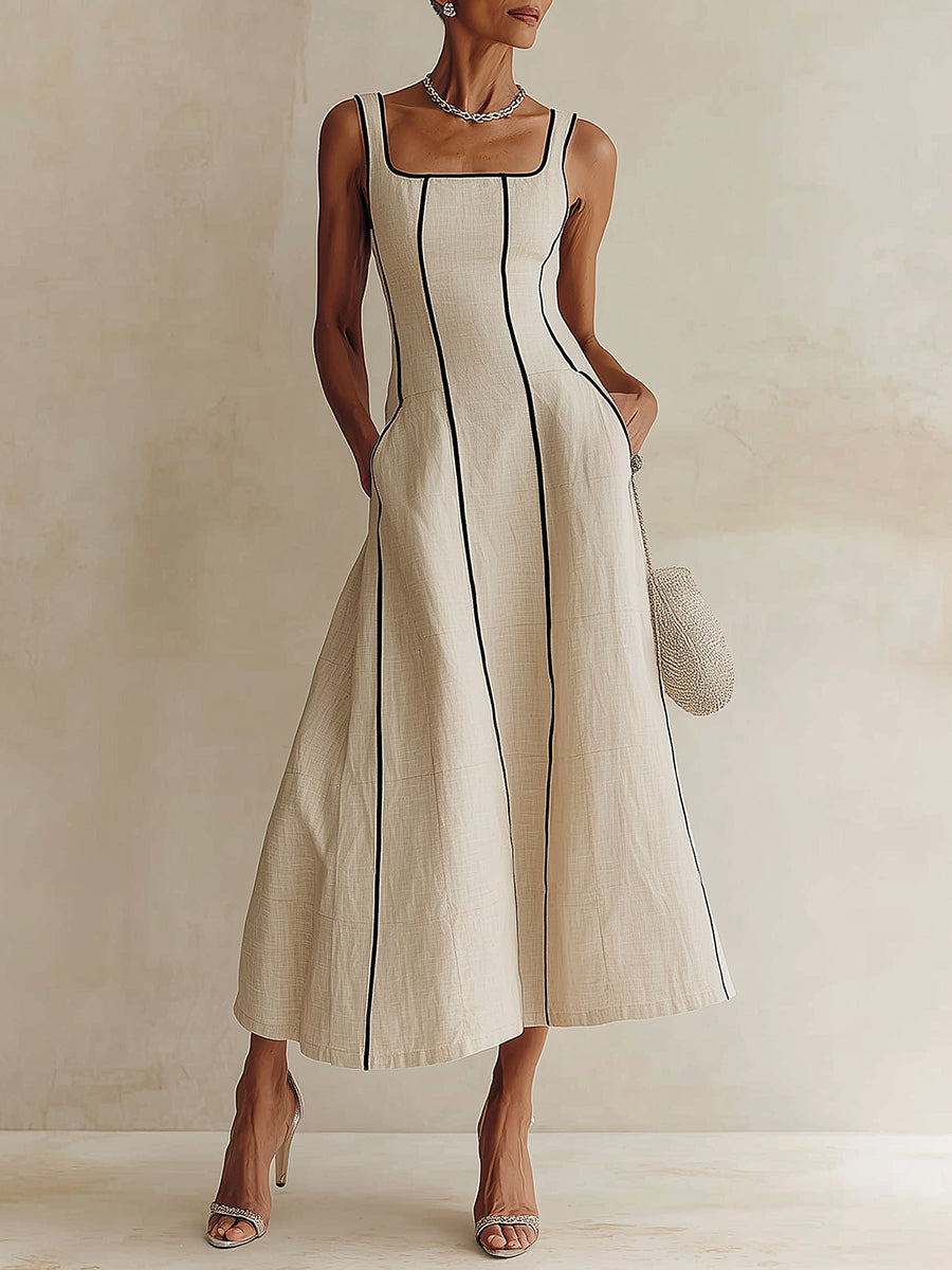 Abito Maxi A-Line Minimalista Nero a Righe Apricot