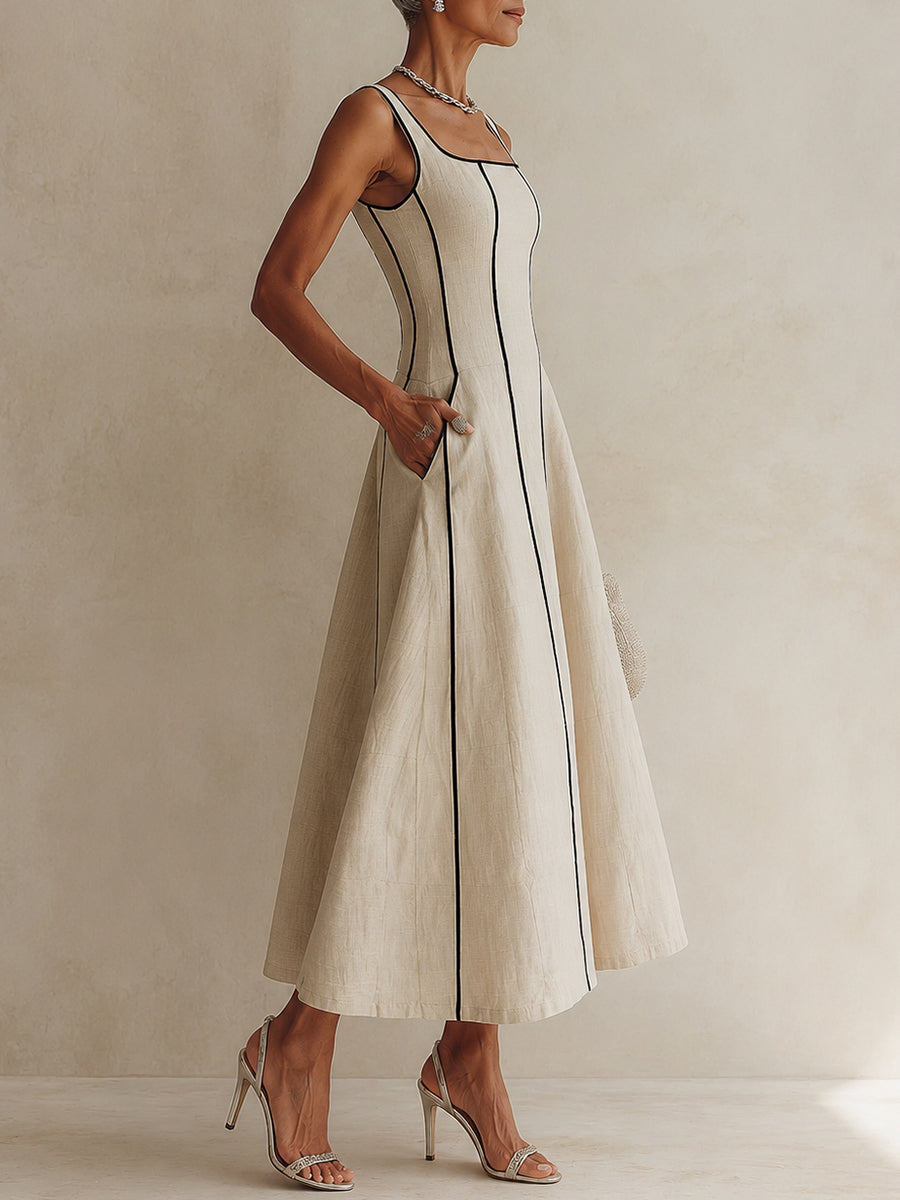 Abito Maxi A-Line Minimalista Nero a Righe Apricot
