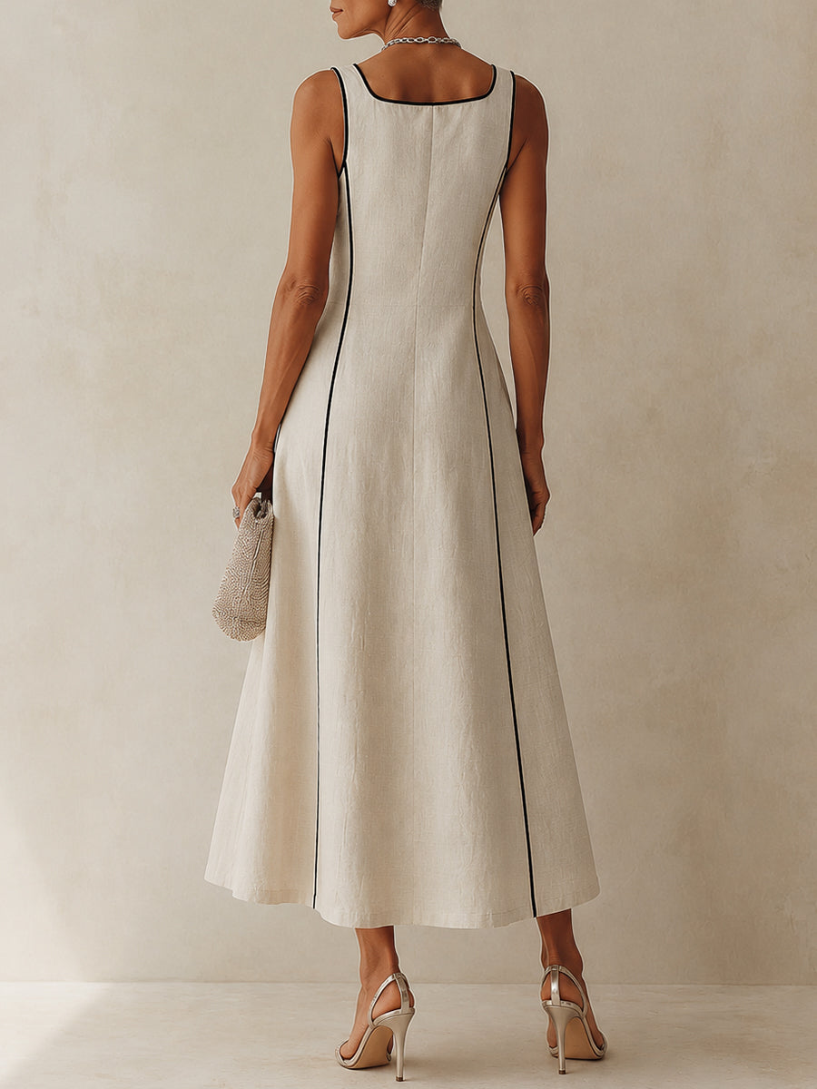 Abito Maxi A-Line Minimalista Nero a Righe Apricot
