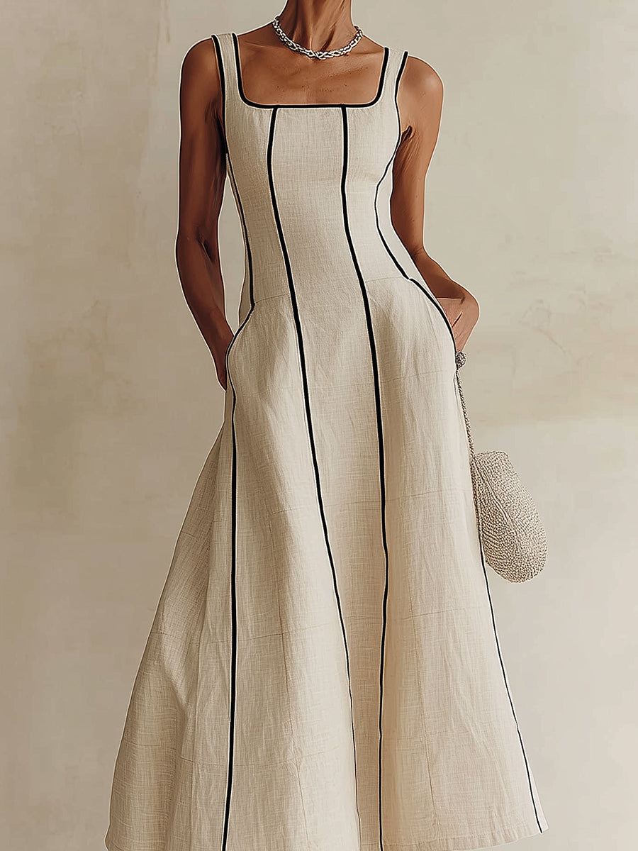 Abito Maxi A-Line Minimalista Nero a Righe Apricot