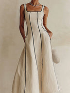 Abito Maxi A-Line Minimalista Nero a Righe Apricot
