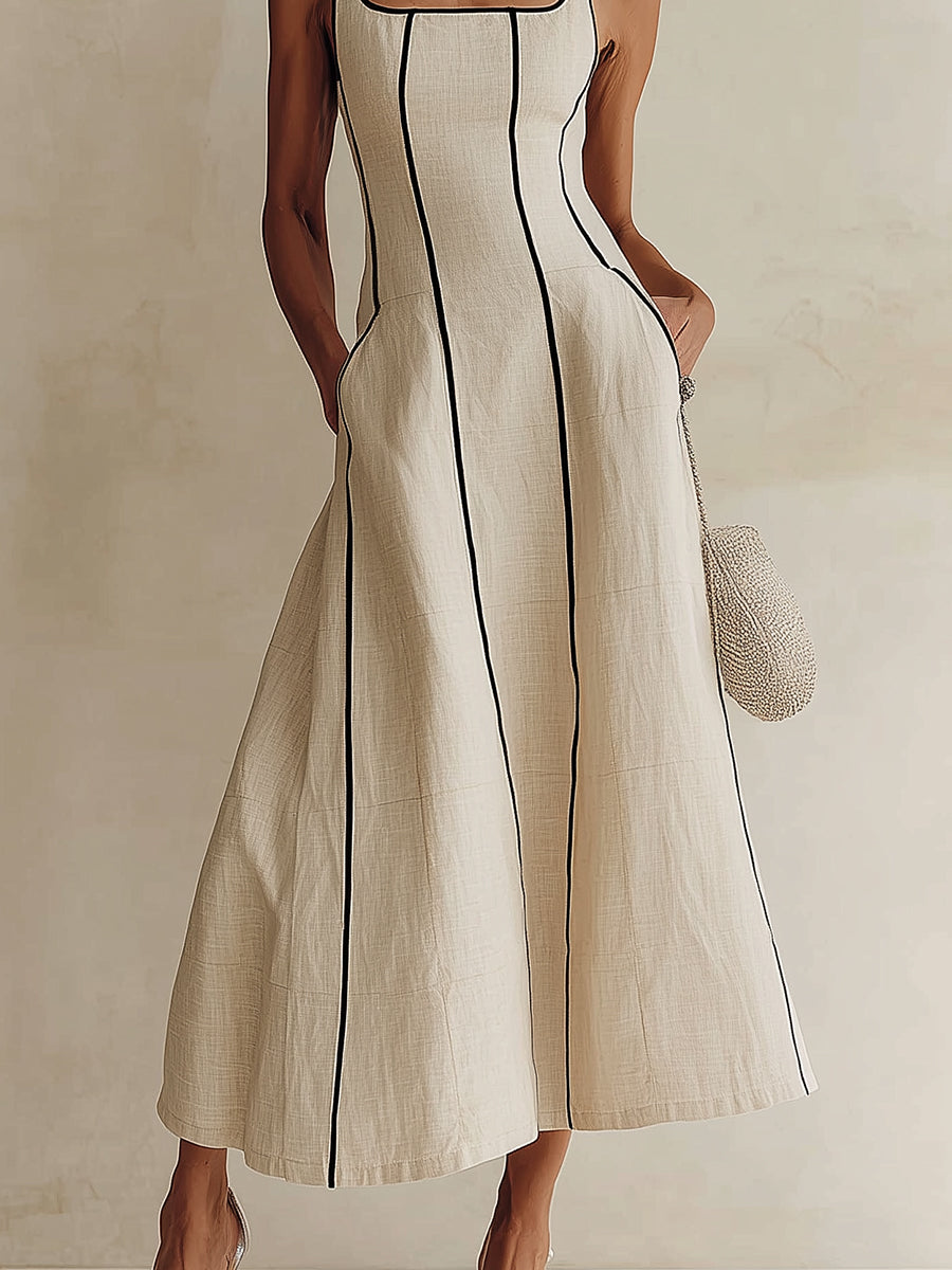Abito Maxi A-Line Minimalista Nero a Righe Apricot