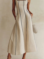 Camille | Abito Maxi A-Line a Righe in Lino, Bordo Nero