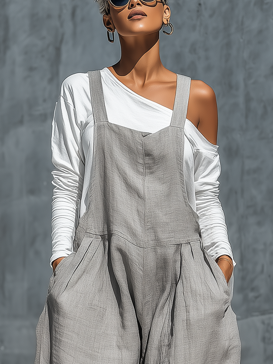 Livia | Salopette wide-leg + top bianco in lino, 2 pezzi